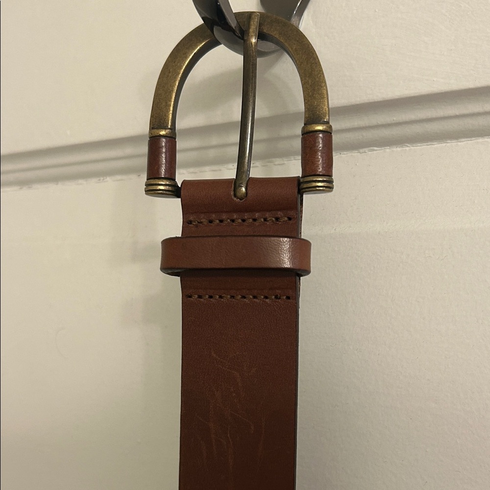 ๐ 2/$18 Eddie Bauer Brown Leather Belt with Brass-tone Horseshoe Buckle 41 in - Picture 3 of 6